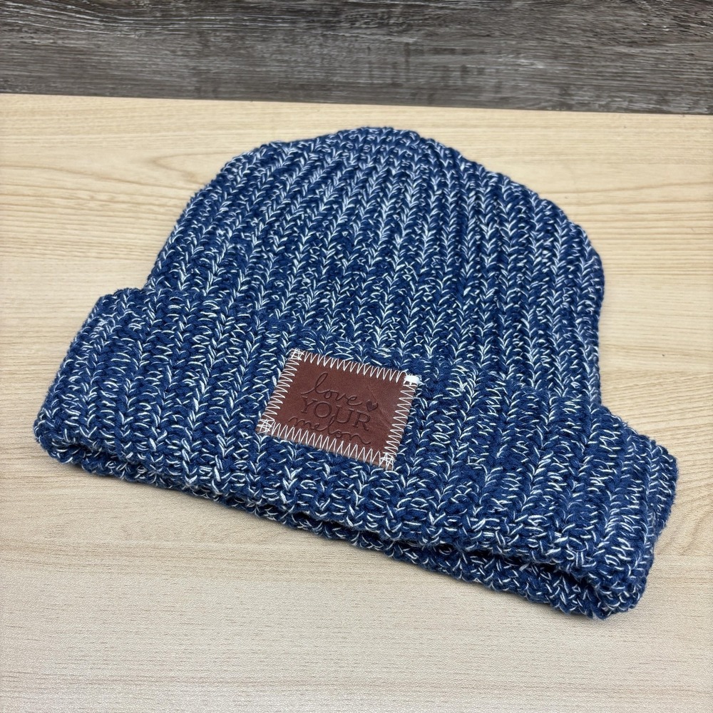 Love Your Melon Hat Beanie Fitted Womens One Size Blue White Knit Cuffed